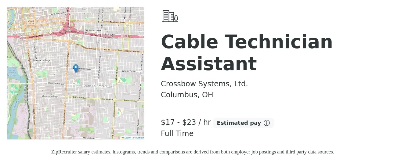 Crossbow Systems, Ltd. job posting for a Cable Technician Assistant in Columbus, OH with a salary of $18 to $24 Hourly with a map of Columbus location.