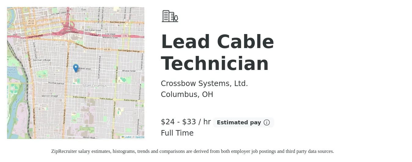 Crossbow Systems, Ltd. job posting for a Lead Cable Technician in Columbus, OH with a salary of $25 to $35 Hourly with a map of Columbus location.