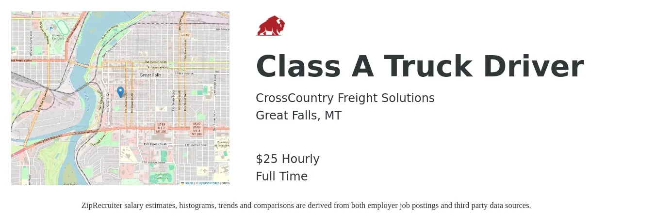 CrossCountry Freight Solutions job posting for a Class A Truck Driver in Great Falls, MT with a salary of $26 Hourly with a map of Great Falls location.