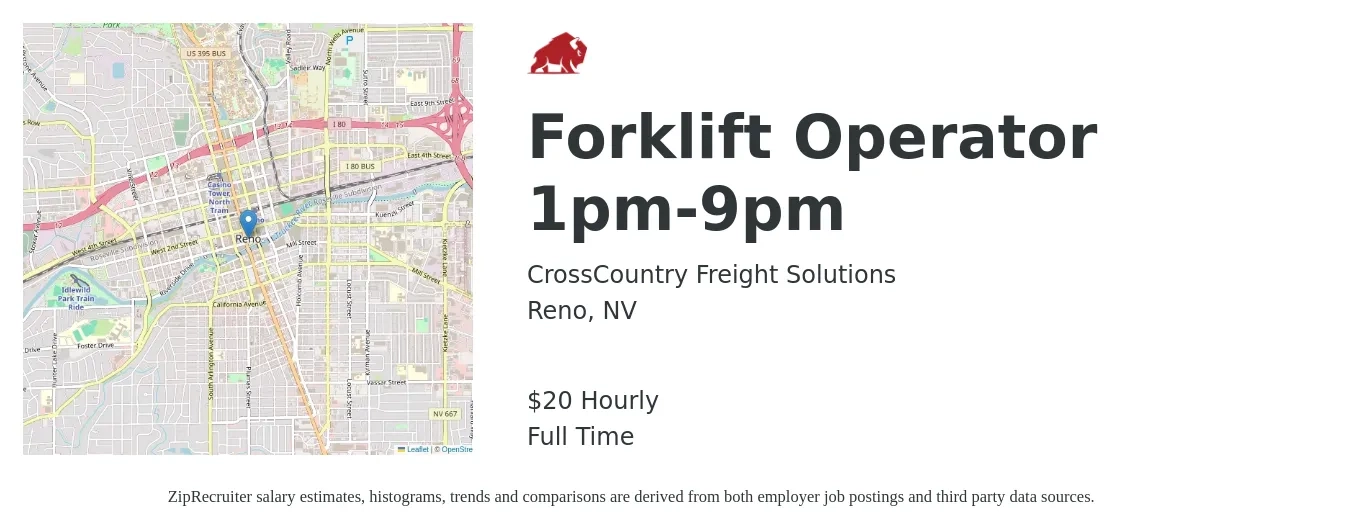 CrossCountry Freight Solutions job posting for a Forklift Operator 1pm-9pm in Reno, NV with a salary of $21 Hourly with a map of Reno location.