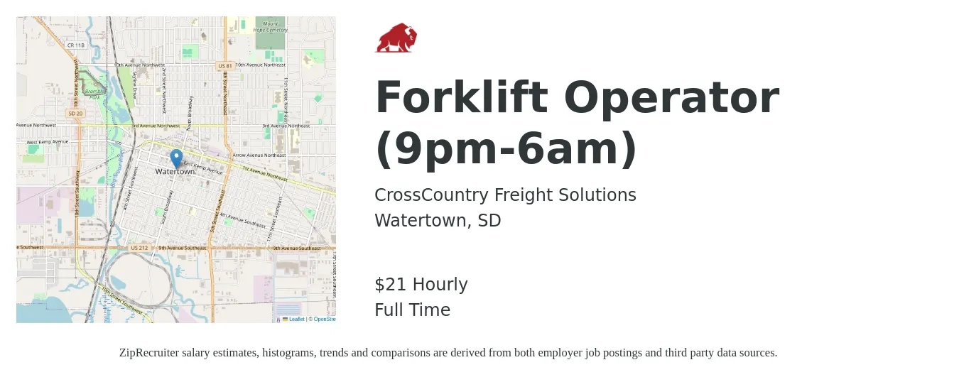 CrossCountry Freight Solutions job posting for a Forklift Operator (9pm-6am) in Watertown, SD with a salary of $22 Hourly with a map of Watertown location.