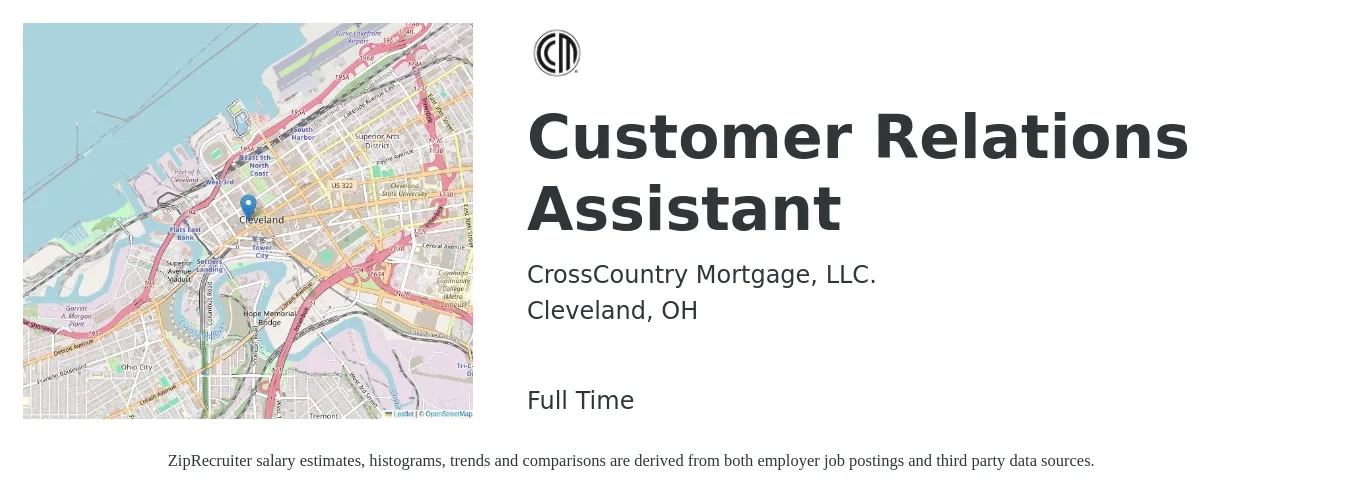 CrossCountry Mortgage, LLC. job posting for a Customer Relations Assistant in Cleveland, OH with a salary of $30,000 to $43,600 Yearly with a map of Cleveland location.
