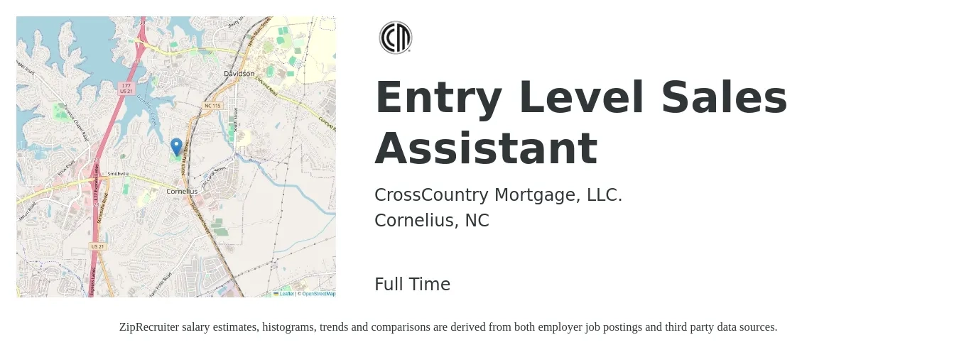 CrossCountry Mortgage, LLC. job posting for a Entry Level Sales Assistant in Cornelius, NC with a salary of $17 to $23 Hourly with a map of Cornelius location.