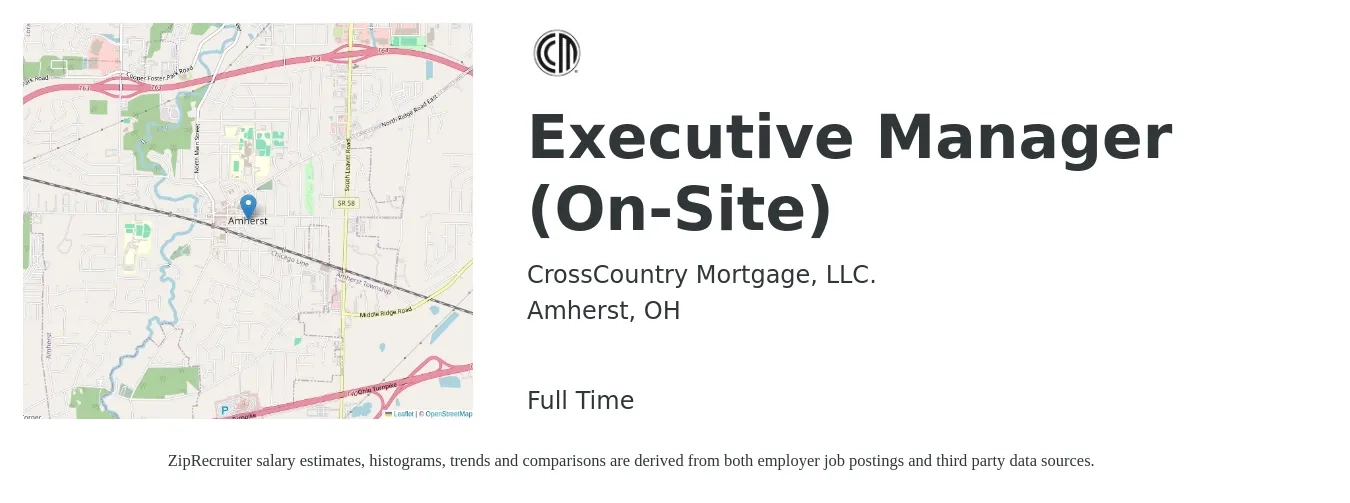 CrossCountry Mortgage, LLC. job posting for a Executive Manager (On-Site) in Amherst, OH with a salary of $63,900 to $112,500 Yearly with a map of Amherst location.