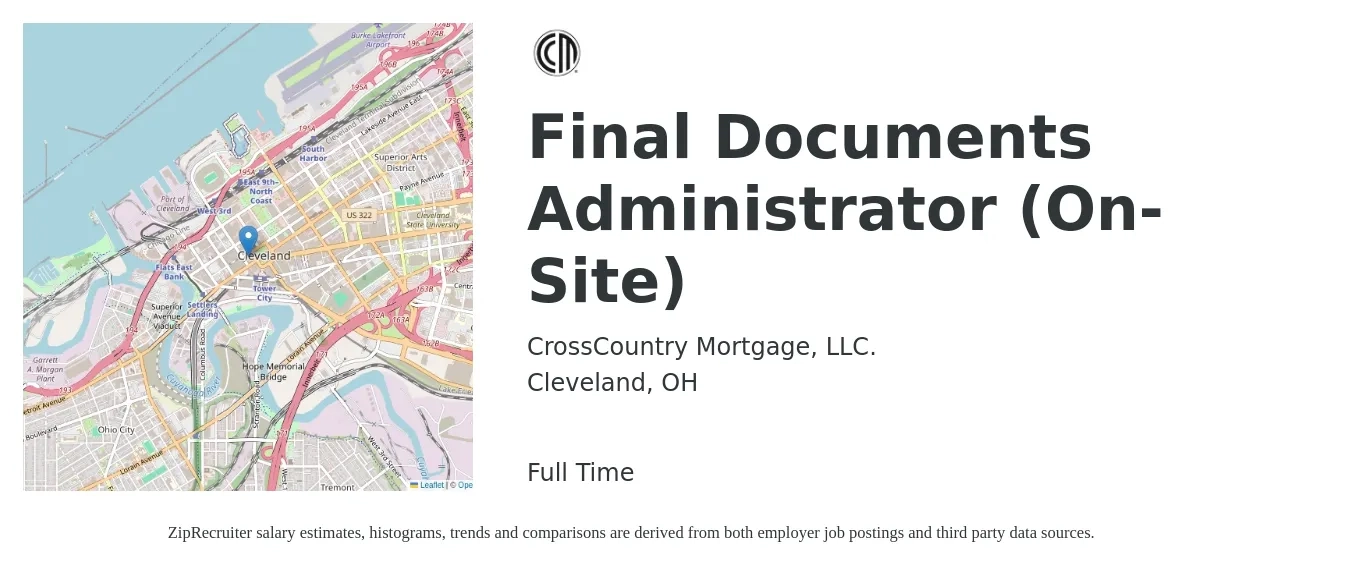 CrossCountry Mortgage, LLC. job posting for a Final Documents Administrator (On-Site) in Cleveland, OH with a salary of $34 to $62 Hourly with a map of Cleveland location.