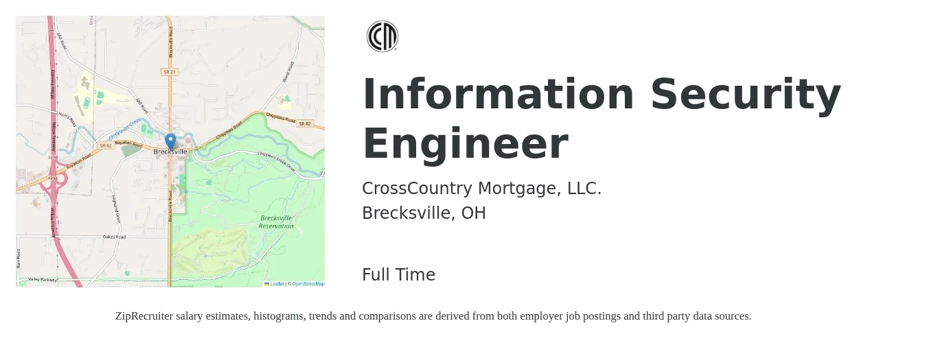 CrossCountry Mortgage, LLC. job posting for a Information Security Engineer in Brecksville, OH with a salary of $99,700 to $137,700 Yearly with a map of Brecksville location.