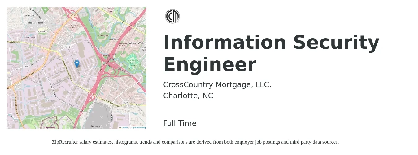 CrossCountry Mortgage, LLC. job posting for a Information Security Engineer in Charlotte, NC with a salary of $98,100 to $135,400 Yearly with a map of Charlotte location.