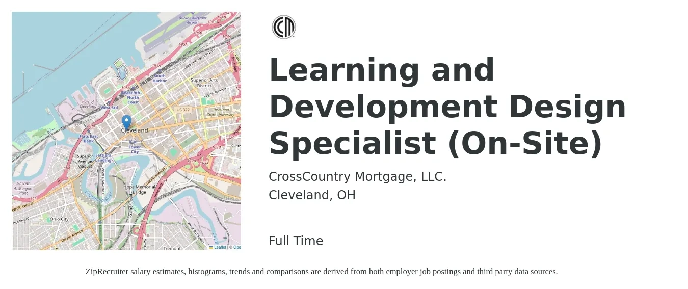 CrossCountry Mortgage, LLC. job posting for a Learning and Development Design Specialist (On-Site) in Cleveland, OH with a salary of $27 to $39 Hourly with a map of Cleveland location.
