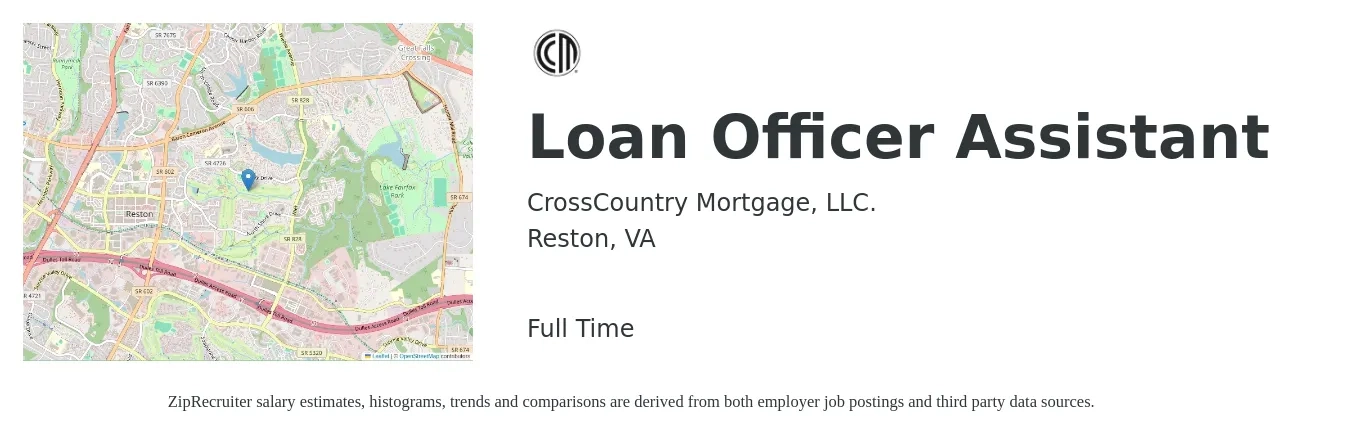 CrossCountry Mortgage, LLC. job posting for a Loan Officer Assistant in Reston, VA with a salary of $39,000 to $53,100 Yearly with a map of Reston location.