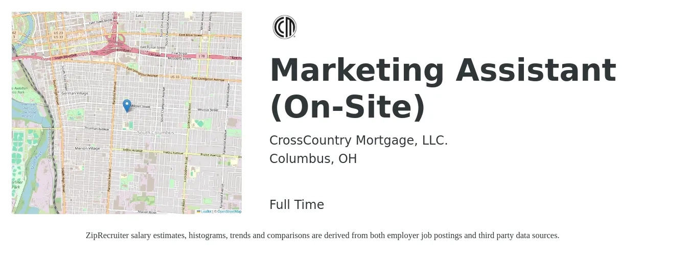 CrossCountry Mortgage, LLC. job posting for a Marketing Assistant (On-Site) in Columbus, OH with a salary of $38,600 to $48,800 Yearly with a map of Columbus location.