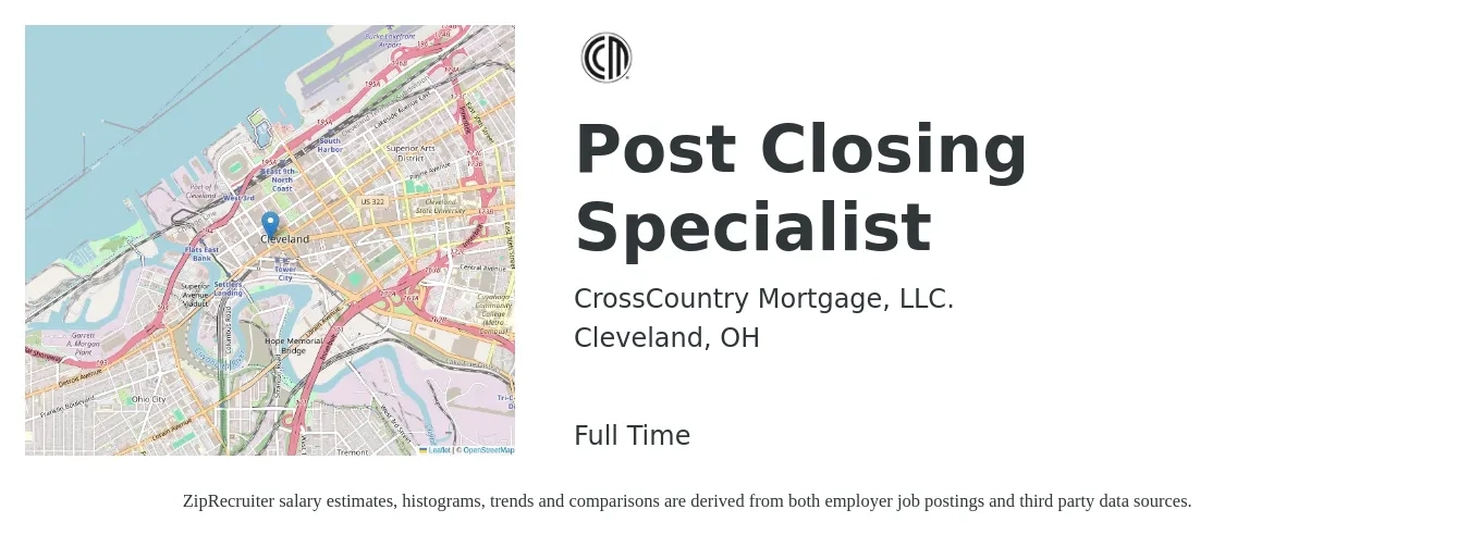 CrossCountry Mortgage, LLC. job posting for a Post Closing Specialist in Cleveland, OH with a salary of $36,800 to $76,000 Yearly with a map of Cleveland location.