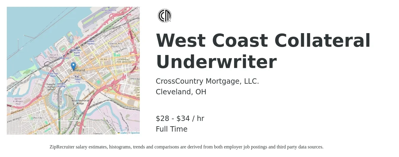 CrossCountry Mortgage, LLC. job posting for a West Coast Collateral Underwriter in Cleveland, OH with a salary of $30 to $36 Hourly with a map of Cleveland location.