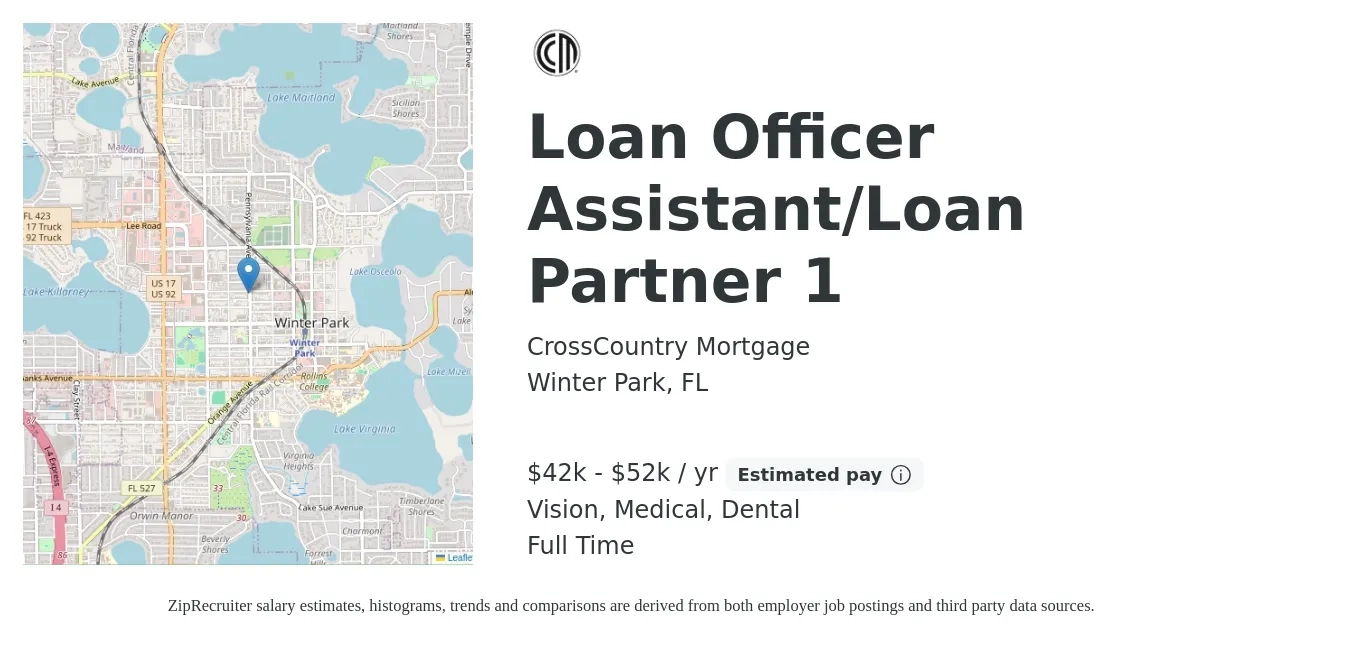 CrossCountry Mortgage job posting for a Loan Officer Assistant/Loan Partner 1 in Winter Park, FL with a salary of $42,000 to $52,000 Yearly (plus commission) and benefits including dental, life_insurance, medical, retirement, and vision with a map of Winter Park location.