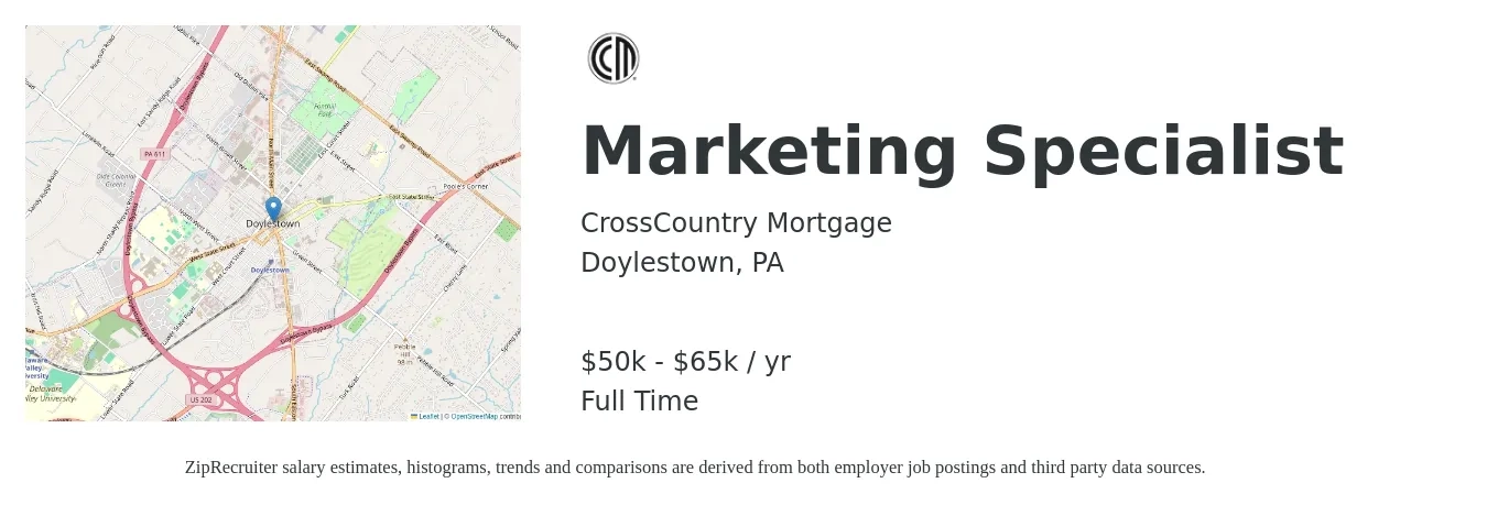 CrossCountry Mortgage job posting for a Marketing Specialist in Doylestown, PA with a salary of $50,000 to $65,000 Yearly with a map of Doylestown location.