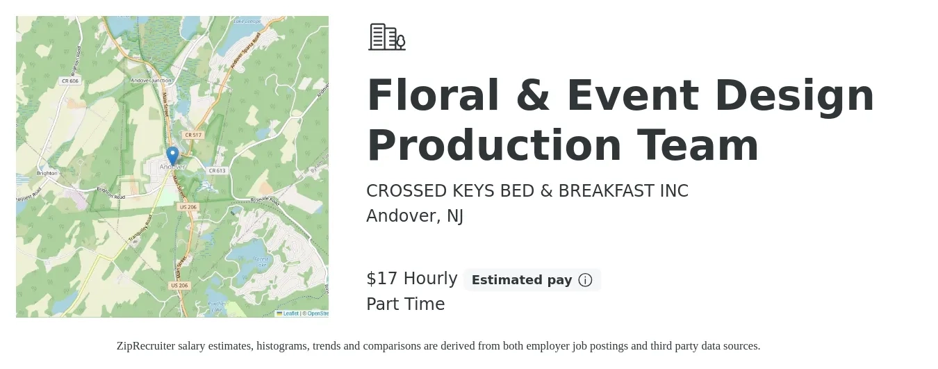 CROSSED KEYS BED & BREAKFAST INC job posting for a Floral & Event Design Production Team in Andover, NJ with a salary of $18 Hourly with a map of Andover location.