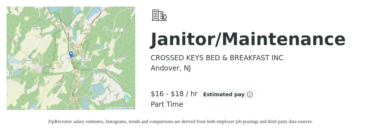 CROSSED KEYS BED & BREAKFAST INC job posting for a Janitor/Maintenance in Andover, NJ with a salary of $17 to $19 Hourly with a map of Andover location.