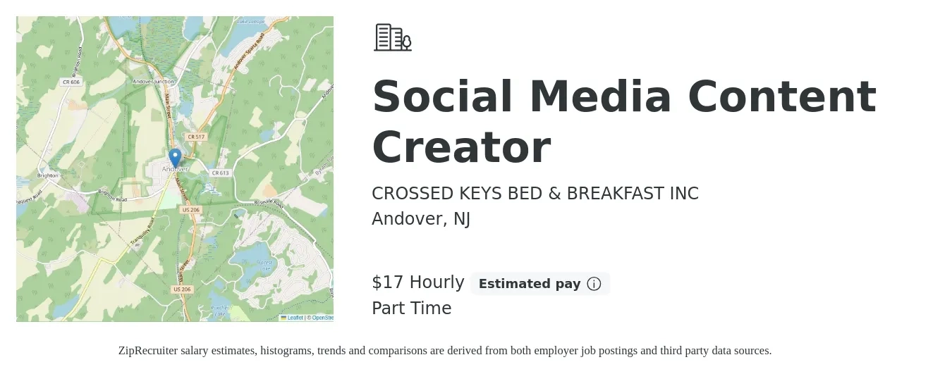 CROSSED KEYS BED & BREAKFAST INC job posting for a Social Media Content Creator in Andover, NJ with a salary of $18 Hourly with a map of Andover location.