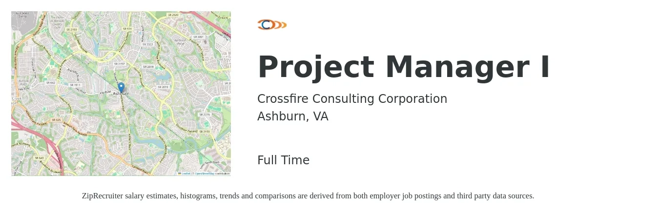 Crossfire Consulting job posting for a Project Manager I in Ashburn, VA with a salary of $76,700 to $115,600 Yearly with a map of Ashburn location.