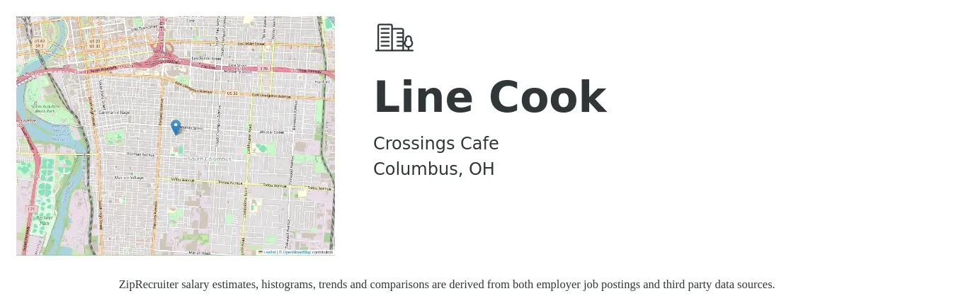 Crossings Cafe job posting for a Line Cook in Columbus, OH with a salary of $15 to $18 Hourly with a map of Columbus location.