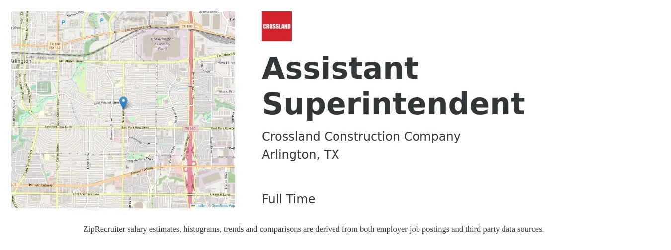 Crossland Construction Company Inc job posting for a Assistant Superintendent in Arlington, TX with a salary of $60,200 to $85,600 Yearly with a map of Arlington location.