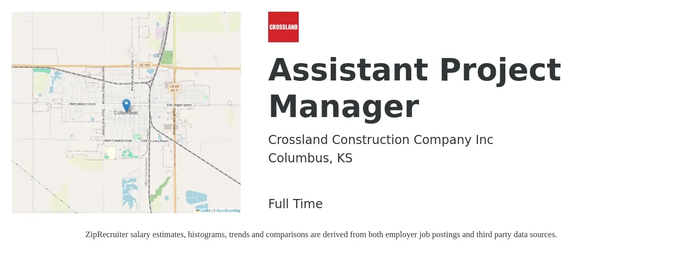 Crossland Construction Company Inc job posting for a Assistant Project Manager in Columbus, KS with a salary of $45,800 to $75,400 Yearly with a map of Columbus location.