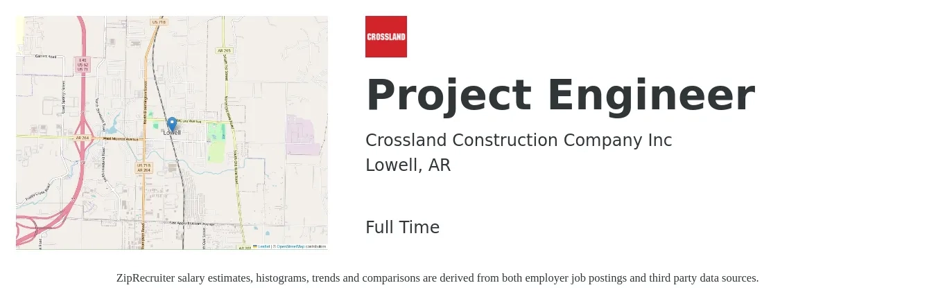 Crossland Construction Company Inc job posting for a Project Engineer in Lowell, AR with a salary of $65,200 to $91,200 Yearly with a map of Lowell location.
