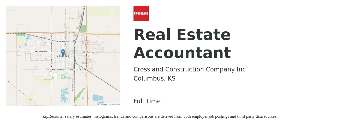 Crossland Construction Company Inc job posting for a Real Estate Accountant in Columbus, KS with a salary of $52,700 to $71,600 Yearly with a map of Columbus location.