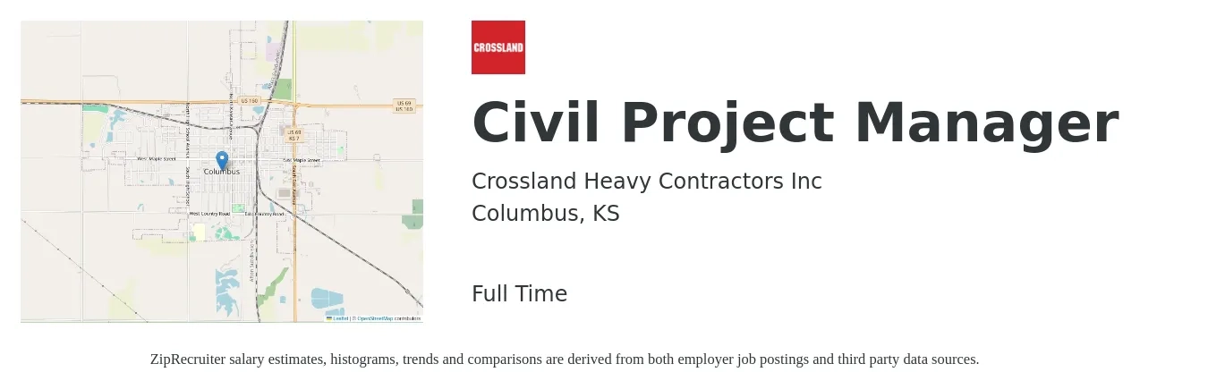 Crossland Heavy Contractors Inc job posting for a Civil Project Manager in Columbus, KS with a salary of $67,300 to $105,400 Yearly with a map of Columbus location.