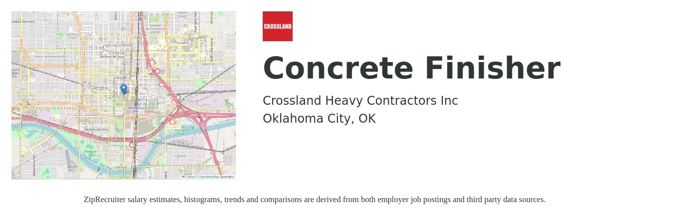 Crossland Heavy Contractors Inc job posting for a Concrete Finisher in Oklahoma City, OK with a salary of $19 to $26 Hourly with a map of Oklahoma City location.