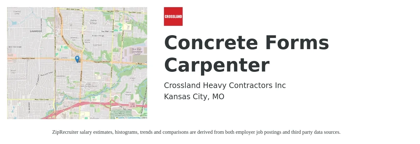 Crossland Heavy Contractors Inc job posting for a Concrete Forms Carpenter in Kansas City, MO with a salary of $21 to $28 Hourly with a map of Kansas City location.