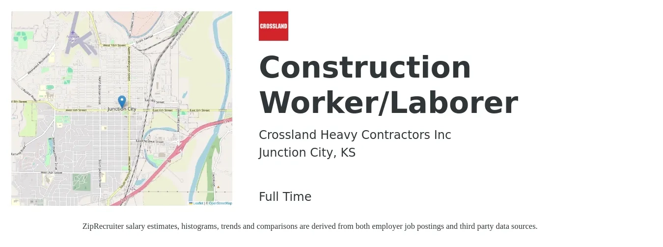 Crossland Heavy Contractors Inc job posting for a Construction Worker/Laborer in Junction City, KS with a salary of $17 to $22 Hourly with a map of Junction City location.
