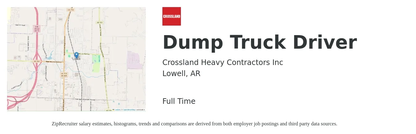 Crossland Heavy Contractors Inc job posting for a Dump Truck Driver in Lowell, AR with a salary of $18 to $23 Hourly with a map of Lowell location.