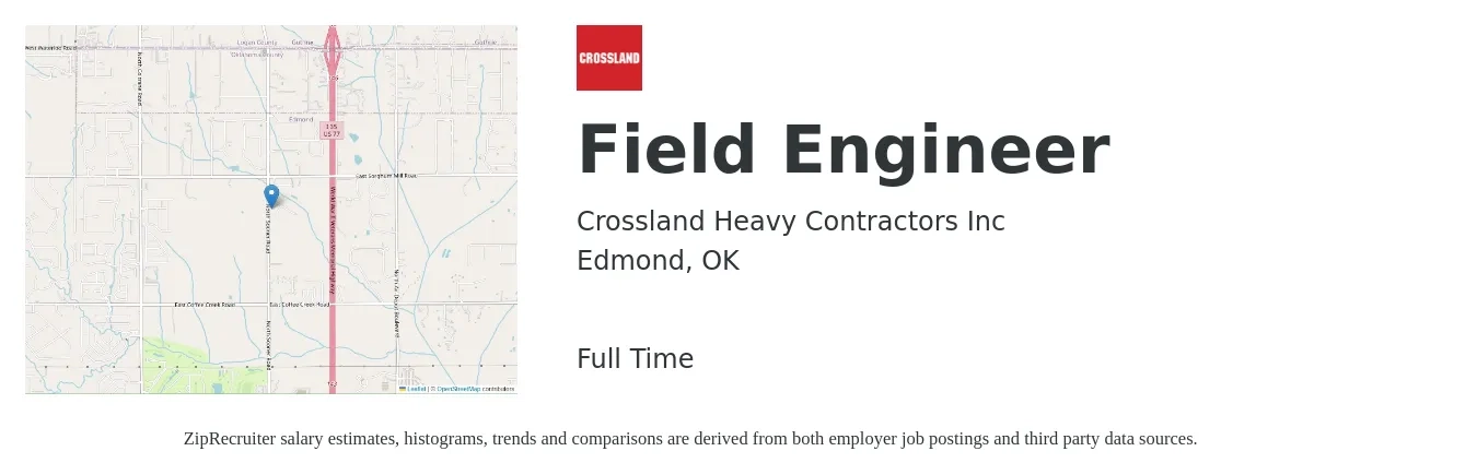 Crossland Heavy Contractors Inc job posting for a Field Engineer in Edmond, OK with a salary of $21 to $36 Hourly with a map of Edmond location.
