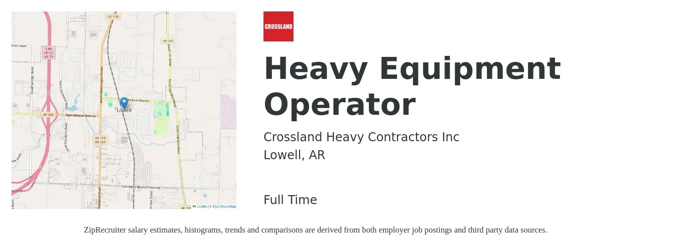 Crossland Heavy Contractors Inc job posting for a Heavy Equipment Operator in Lowell, AR with a salary of $18 to $25 Hourly with a map of Lowell location.