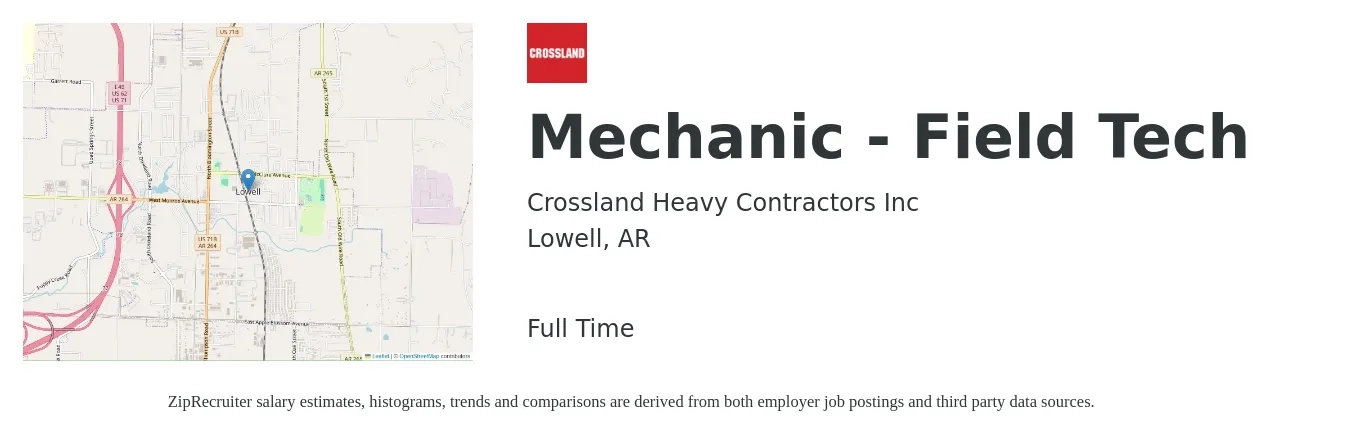 Crossland Heavy Contractors Inc job posting for a Mechanic - Field Tech in Lowell, AR with a salary of $22 to $30 Hourly with a map of Lowell location.