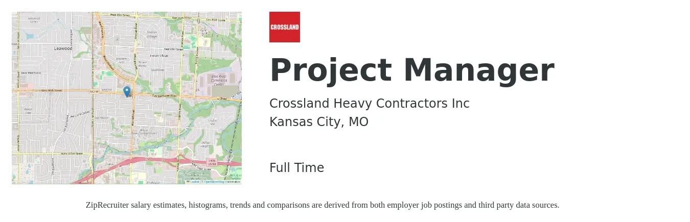 Crossland Heavy Contractors Inc job posting for a Project Manager in Kansas City, MO with a salary of $75,800 to $118,800 Yearly with a map of Kansas City location.