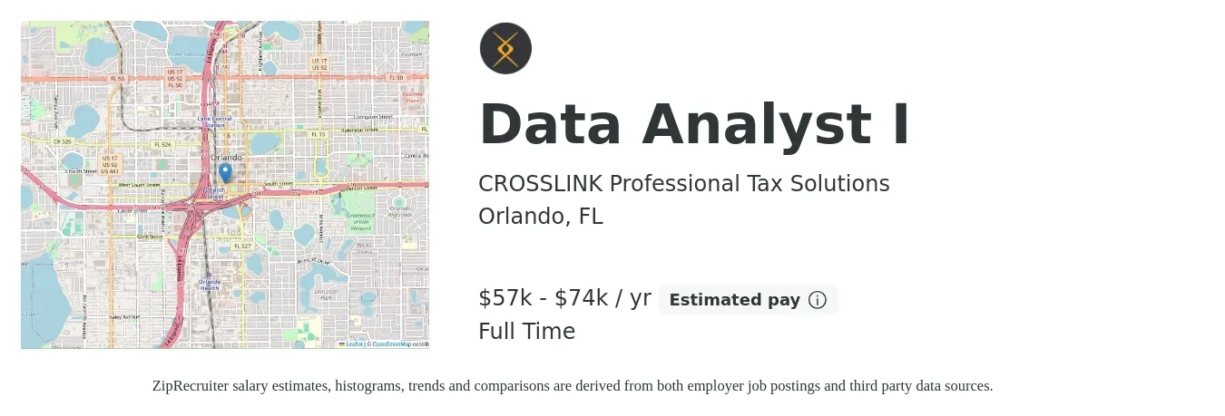 CROSSLINK Professional Tax Solutions job posting for a Data Analyst I in Orlando, FL with a salary of $57,200 to $74,600 Yearly with a map of Orlando location.