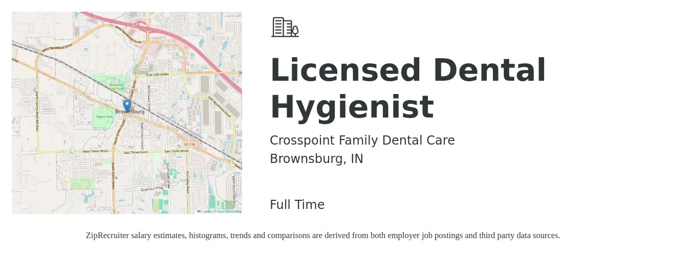 Crosspoint Family Dental Care job posting for a Licensed Dental Hygienist in Brownsburg, IN with a salary of $60,000 Hourly with a map of Brownsburg location.