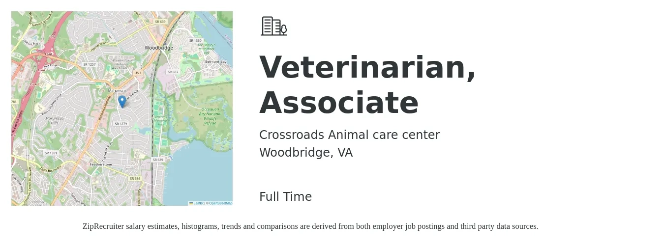 Crossroads Animal care center job posting for a Veterinarian, Associate in Woodbridge, VA with a salary of $101,400 to $163,700 Yearly with a map of Woodbridge location.