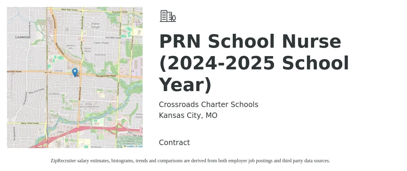 Crossroads Charter Schools job posting for a PRN School Nurse (2024-2025 School Year) in Kansas City, MO with a salary of $23 to $25 Hourly with a map of Kansas City location.