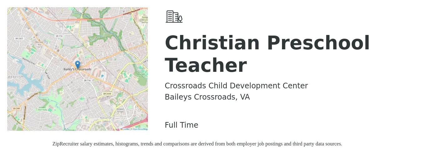 Crossroads Child Development Center job posting for a Christian Preschool Teacher in Baileys Crossroads, VA with a salary of $17 to $23 Hourly with a map of Baileys Crossroads location.