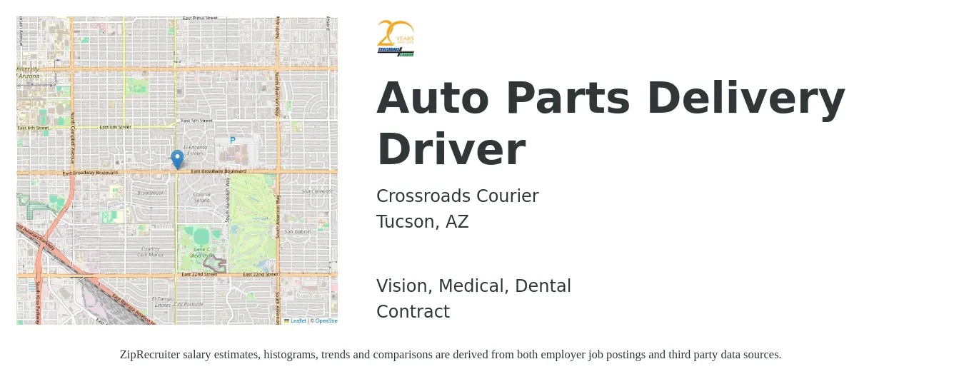 Crossroads Courier job posting for a Auto Parts Delivery Driver in Tucson, AZ with a salary of $155 Daily and benefits including medical, retirement, vision, dental, and life_insurance with a map of Tucson location.
