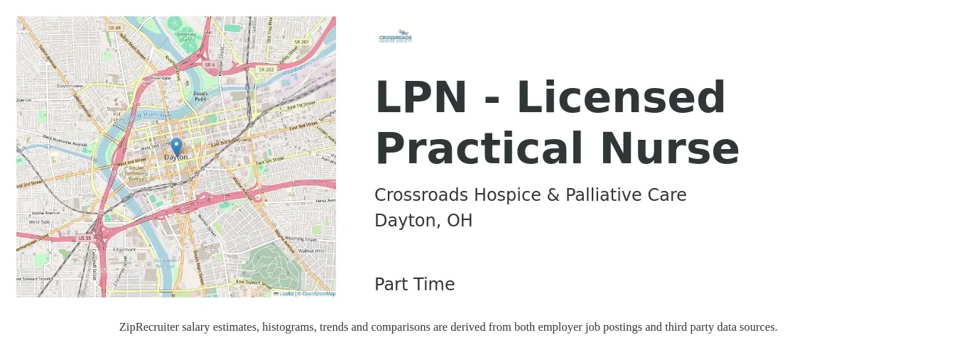 Crossroads Hospice & Palliative Care job posting for a LPN - Licensed Practical Nurse in Dayton, OH with a salary of $25 to $34 Hourly with a map of Dayton location.