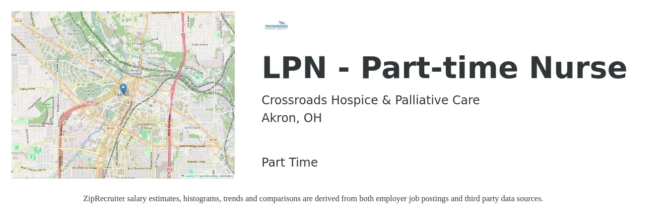 Crossroads Hospice & Palliative Care job posting for a LPN - Part-time Nurse in Akron, OH with a salary of $25 to $34 Hourly with a map of Akron location.
