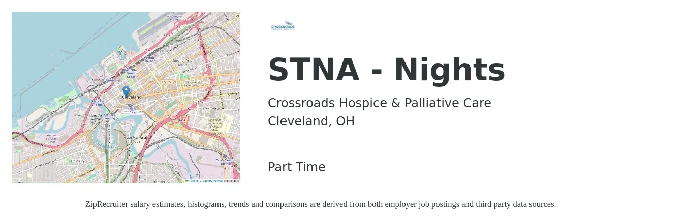 Crossroads Hospice & Palliative Care job posting for a STNA - Nights in Cleveland, OH with a salary of $14 to $20 Hourly with a map of Cleveland location.