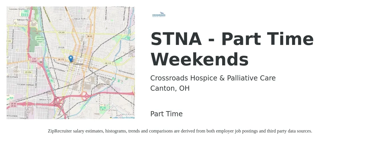 Crossroads Hospice & Palliative Care job posting for a STNA - Part Time Weekends in Canton, OH with a salary of $25 Hourly with a map of Canton location.