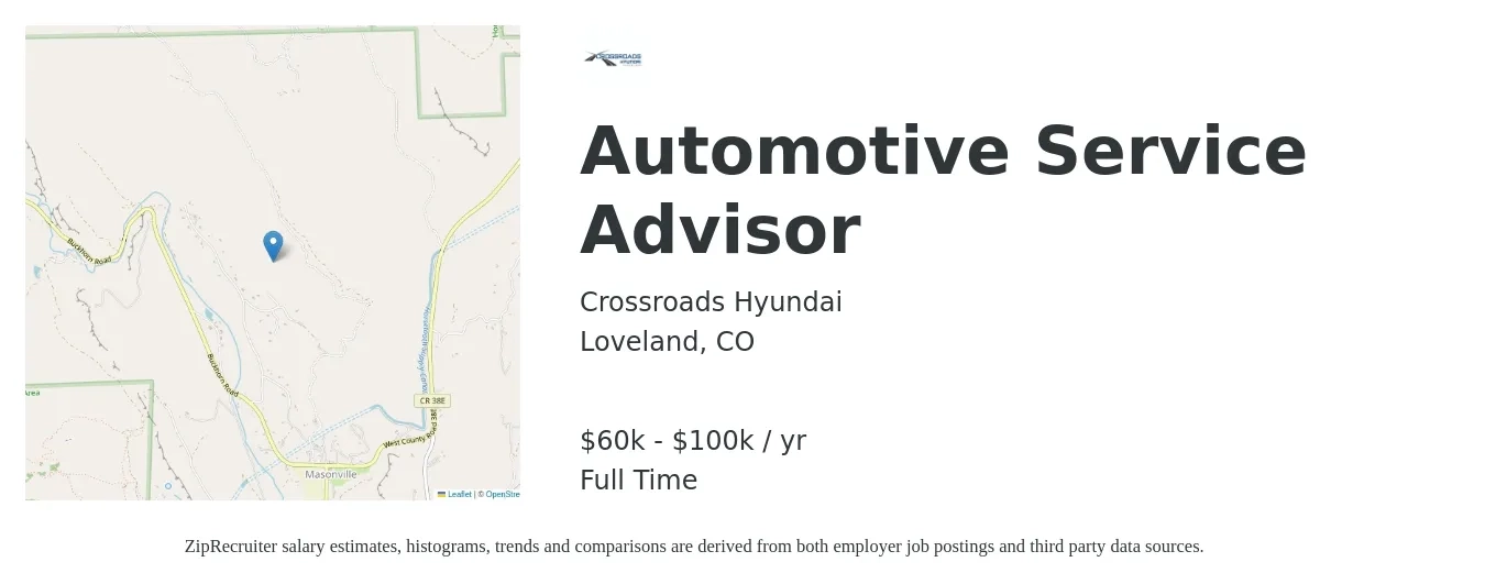 Crossroads Hyundai job posting for a Automotive Service Advisor in Loveland, CO with a salary of $60,000 to $100,000 Yearly with a map of Loveland location.