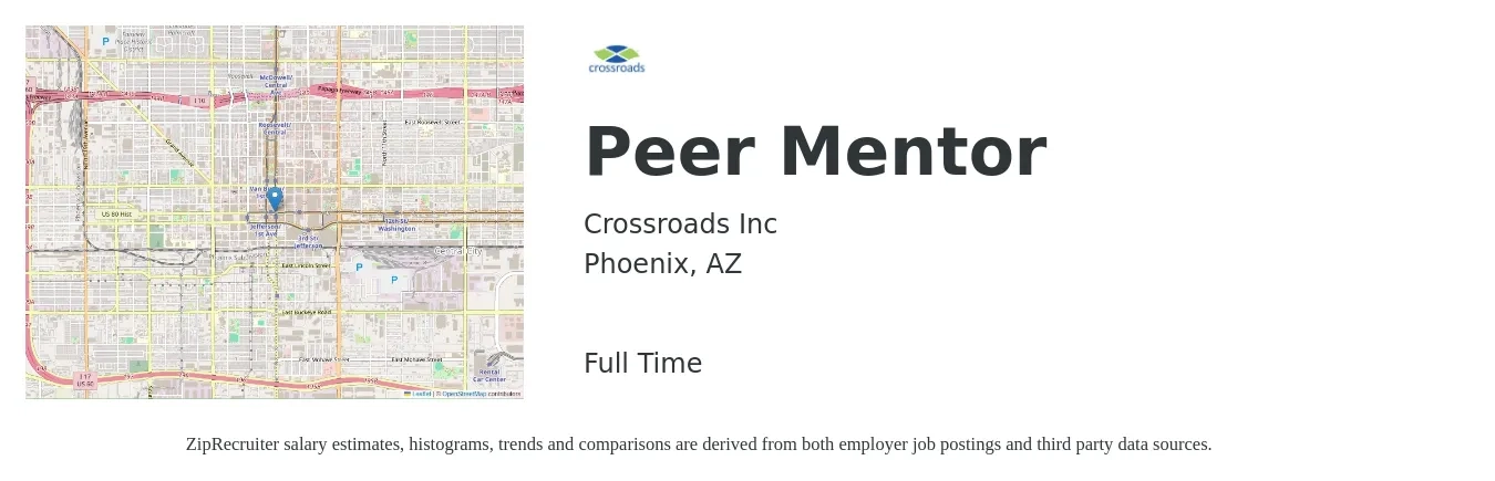 Crossroads Inc job posting for a Peer Mentor in Phoenix, AZ with a salary of $17 to $22 Hourly with a map of Phoenix location.