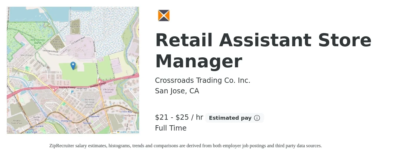 Crossroads Trading Co. Inc. job posting for a Retail Assistant Store Manager in San Jose, CA with a salary of $22 to $27 Hourly with a map of San Jose location.