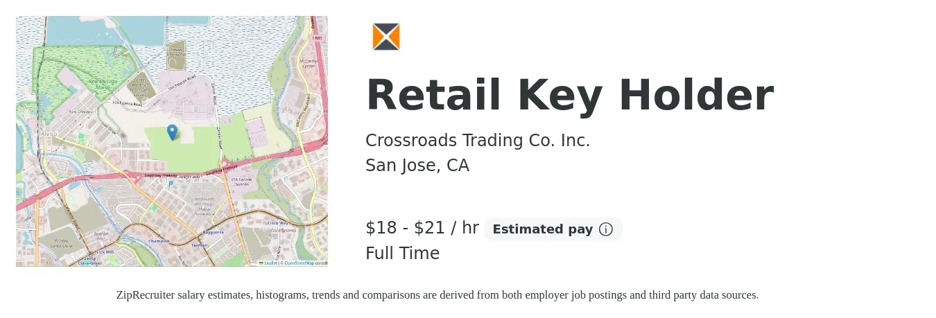 Crossroads Trading Co. Inc. job posting for a Retail Key Holder in San Jose, CA with a salary of $20 to $22 Hourly with a map of San Jose location.